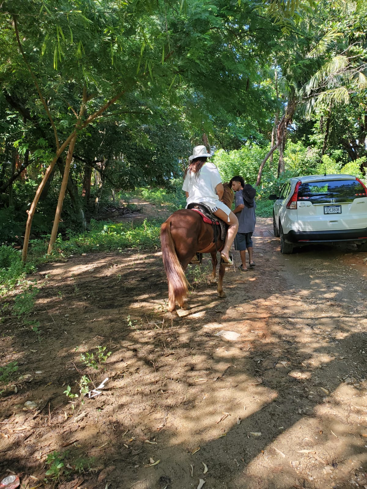 Guest horseback riding on a shaded jungle trail beside our SUV in Roatán
